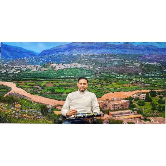 acrylic painting titled “Wadi Bana”, measuring 160 × 325 cm, by the visual artist Redfan Al-Mohammadi.