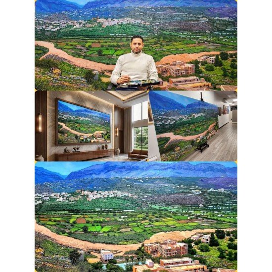 acrylic painting titled “Wadi Bana”, measuring 160 × 325 cm, by the visual artist Redfan Al-Mohammadi.