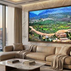 acrylic painting titled “Wadi Bana”, measuring 160 × 325 cm, by the visual artist Redfan Al-Mohammadi.