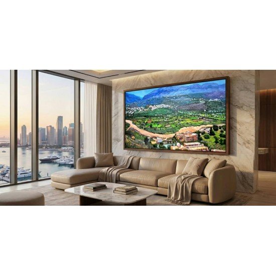 acrylic painting titled “Wadi Bana”, measuring 160 × 325 cm, by the visual artist Redfan Al-Mohammadi.