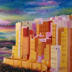 An oil painting on canvas of Shibam, Hadramout, size 50x50 cm, by the esteemed Yemeni artist Wissam Al-Ansi.