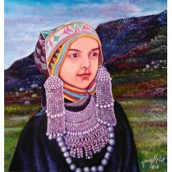 An oil painting on canvas of a girl from Al-Sahoul, Ibb, size 50x50, by the esteemed Yemeni artist Wissam Al-Ansi.
