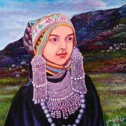 An oil painting on canvas of a girl from Al-Sahoul, Ibb, size 50x50, by the esteemed Yemeni artist Wissam Al-Ansi.