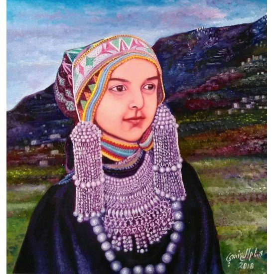 An oil painting on canvas of a girl from Al-Sahoul, Ibb, by the distinguished Yemeni artist Wissam Al-Ansi.