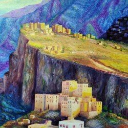 An oil painting on canvas of Khawlan, Al-Riyadi village, size 60x50, by the renowned Yemeni visual artist Wissam Al-Ansi.