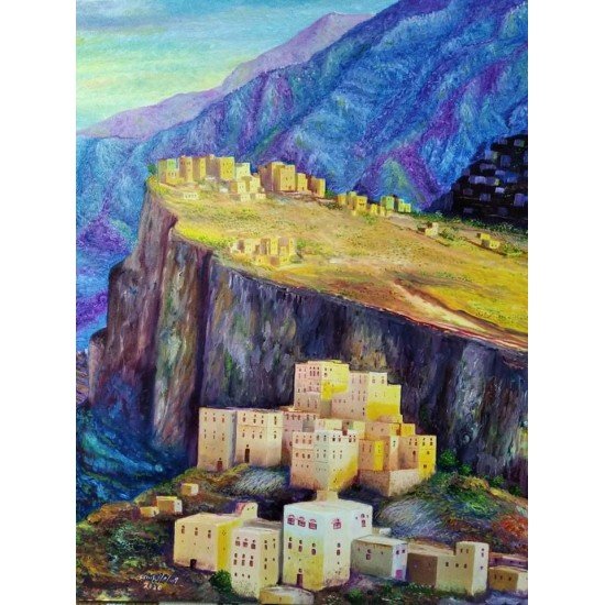 An oil painting on canvas of Khawlan, Al-Rayyadi Village, by the esteemed Yemeni artist Wissam Al-Ansi.