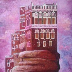 An oil painting on canvas of Dar Al-Hajar, size 45x35, by the distinguished Yemeni artist Wissam Al-Ansi.