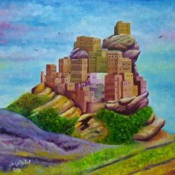 An oil painting on canvas of Al-Hosn Village, Manakhah, size 50x50 cm, by the esteemed Yemeni artist Wissam Al-Ansi.