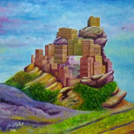 An oil painting on canvas of Al-Hosn Village, Manakha, by the distinguished Yemeni fine artist Wissam Al-Ansi.