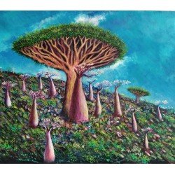An oil painting on canvas of the Dragon Blood Tree in Socotra, size 50x50, by the distinguished Yemeni artist Wissam Al-Ansi.