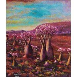 An oil painting on canvas, Socotra Sunset, size 50x60, by the esteemed Yemeni artist Wissam Al-Ansi.
