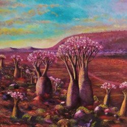 An oil painting on canvas, Socotra Sunset, size 50x60, by the esteemed Yemeni artist Wissam Al-Ansi.