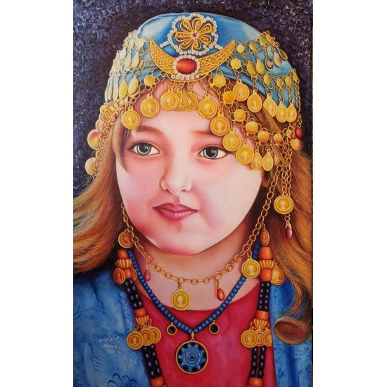An oil painting on canvas of a Mahra girl by the renowned Yemeni artist Wissam Al-Ansi.