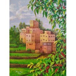 An oil painting on canvas of the countryside and coffee, size 50x60, by the esteemed Yemeni artist Wissam Al-Ansi.