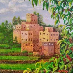 An oil painting on canvas of the countryside and coffee, size 50x60, by the esteemed Yemeni artist Wissam Al-Ansi.