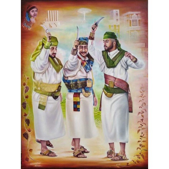 An oil painting on canvas of the Sana'ani dance, size 120x90, by the esteemed Yemeni artist Wissam Al-Ansi.