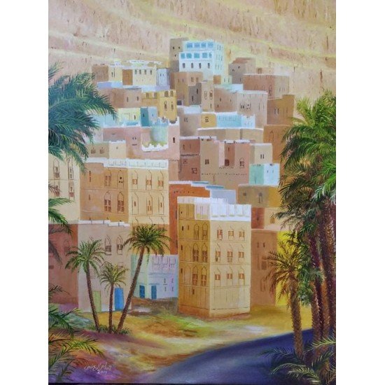 An oil painting on canvas of Seiyun by the esteemed Yemeni artist Wissam Al-Ansi.