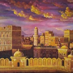An oil painting on canvas of Sana’a at sunset, size 60x80, by the renowned Yemeni artist Wisam Al-Ansi.