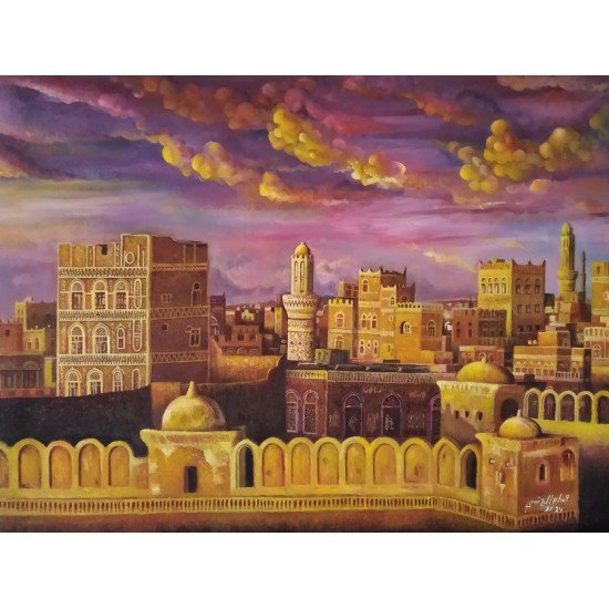 An oil painting on canvas of Sana’a at sunset by the renowned Yemeni artist Wissam Al-Ansi.