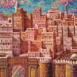 An oil painting on canvas of Bab al-Yemen, size 60x80, by the esteemed Yemeni artist Wissam Al-Ansi.