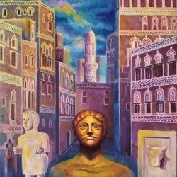 An oil painting on canvas titled “Sanaa: History and Civilization”, size 60x50 cm, by the esteemed Yemeni artist Wissam Al-Ansi.