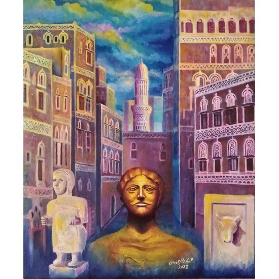 An oil painting on canvas, “Sana’a: History and Civilization”, by the esteemed Yemeni artist Wissam Al-Ansi.