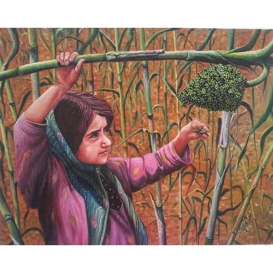 An oil painting on canvas of The Corn Girl by the distinguished Yemeni artist Wissam Al-Ansi.