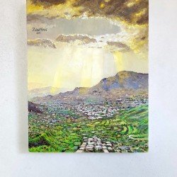 An oil painting on canvas titled “Wadi Al-Sahool”, size 55x45 cm, by the Yemeni visual artist Ziad Al-Ansi.
