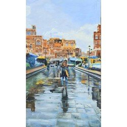 An oil painting titled “The Rain”, size 170×100 cm, by artist Ahmed Al-Shallali.