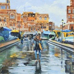 An oil painting titled “The Rain”, size 170×100 cm, by artist Ahmed Al-Shallali.