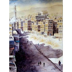 A watercolor painting titled "Old Sana’a", size 42×56 cm, by the renowned Yemeni artist Mazhar Nizar.  Is this conversation helpful so far?