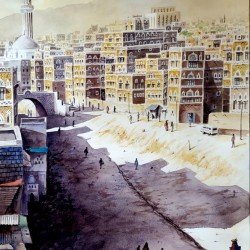 A watercolor painting titled "Old Sana’a", size 42×56 cm, by the renowned Yemeni artist Mazhar Nizar.  Is this conversation helpful so far?