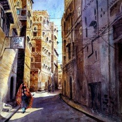 Watercolor painting titled “Old Sana’a 2”, size 42×56 cm, by the esteemed Yemeni artist Mazhar Nizar.