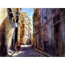 Watercolor painting titled “Old Sana’a 2”, size 42×56 cm, by the esteemed Yemeni artist Mazhar Nizar.