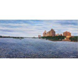 An oil and acrylic painting titled “The Nile River”, size 180×90 cm, by artist Radfan Al-Mahmadi.